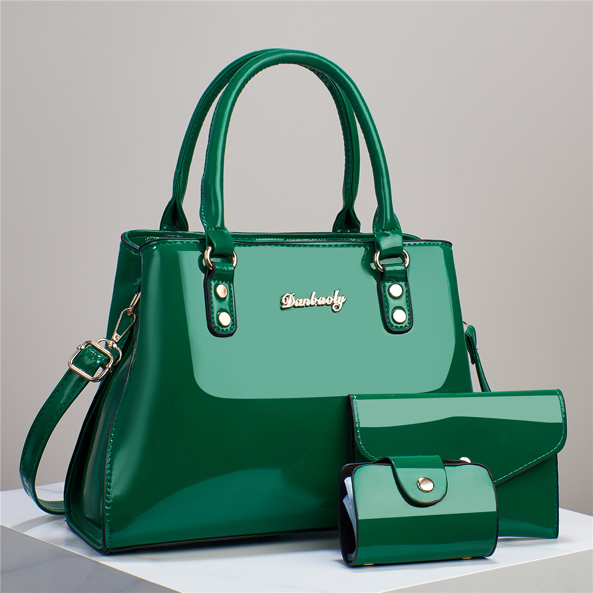 Handtasche mit Umhängegurt ⎜ Elegantes Set für Damen mit Glänzender Oberfläche und Passender Geldbörse