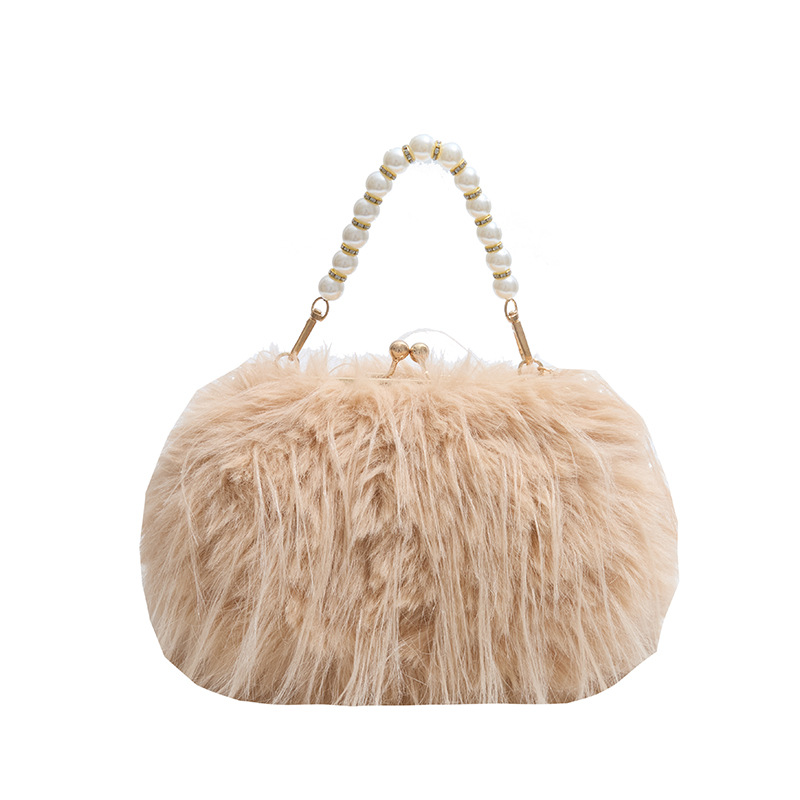 Abendtasche für Damen ⎜ Flauschige Handtasche mit Kunstperlenhenkel für Partys und besondere Anlässe