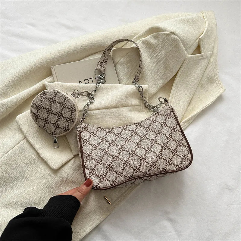 Schultertasche für Damen ⎜ Kompakte Umhängetasche mit Retro-Muster und abnehmbarer Mini-Tasche für unterwegs