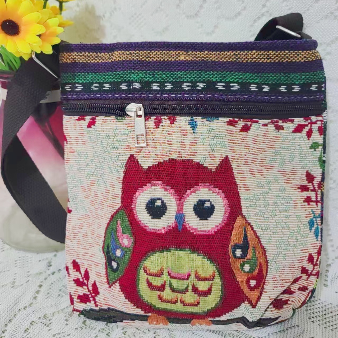 Umhängetasche im Ethno-Stil für Damen ⎜ Bestickte Stofftasche mit Tiermotiv und Reißverschluss für Alltag und Reisen