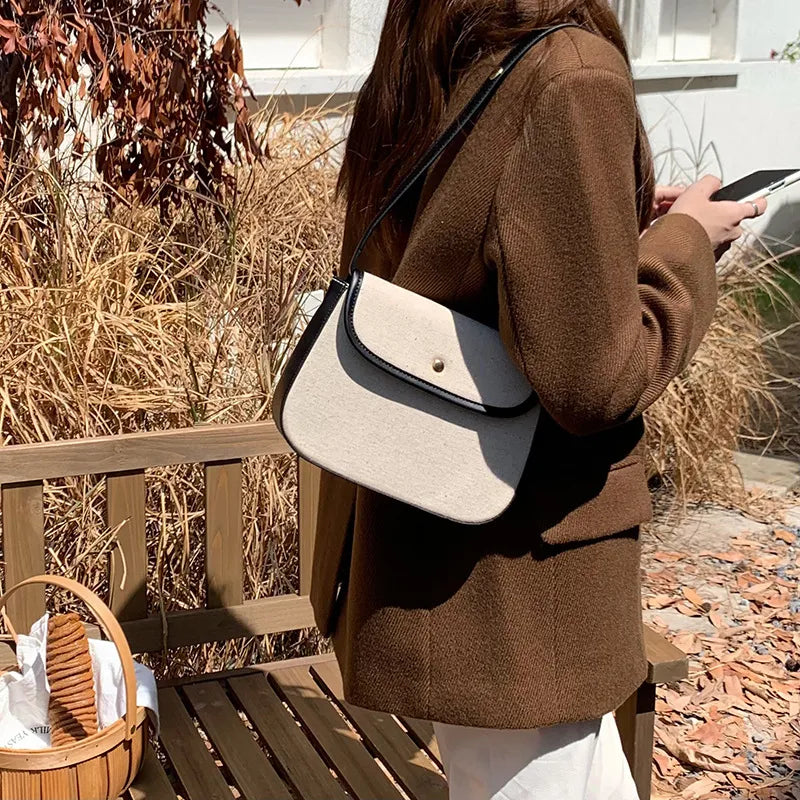 Schultertasche für Damen ⎜ Elegante Umhängetasche aus Canvas mit Kontrastkante für stilvolle Alltagslooks