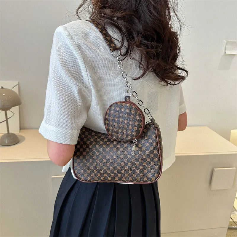Schultertasche für Damen ⎜ Kompakte Umhängetasche mit Retro-Muster und abnehmbarer Mini-Tasche für unterwegs