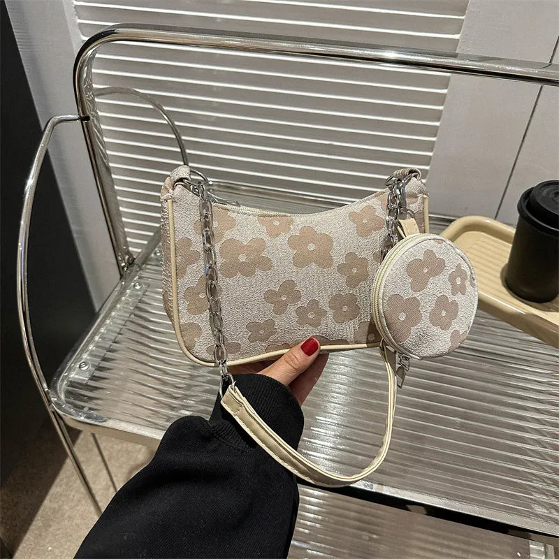 Schultertasche für Damen ⎜ Kompakte Umhängetasche mit Retro-Muster und abnehmbarer Mini-Tasche für unterwegs