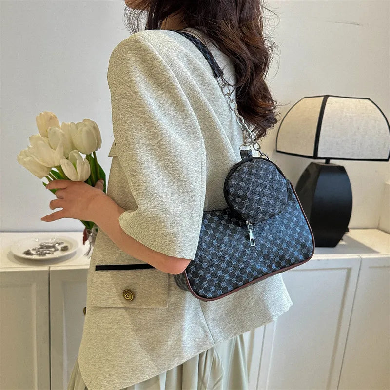 Schultertasche für Damen ⎜ Kompakte Umhängetasche mit Retro-Muster und abnehmbarer Mini-Tasche für unterwegs