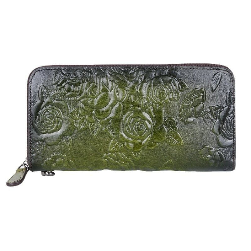 Lange Damen Geldbörse aus Leder ⎜ Retro Handtasche mit Rosenprägung und Reißverschluss für Karten und Bargeld