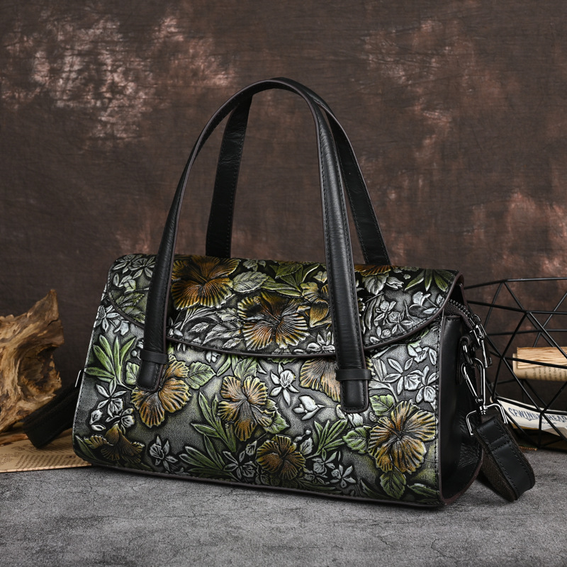 Handtasche für Damen ⎜ Retro-Schultertasche aus Lederoptik mit Blumenmuster und abnehmbarem Riemen