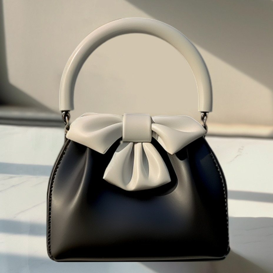 Damen Handtasche ⎜ Elegante Bucket Bag mit kontrastfarbenem Schleifendetail und gerafftem Design