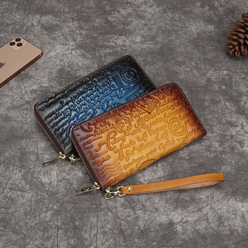 Leder Damen Geldbörse mit Reißverschluss ⎜ Vintage Clutch aus Echtleder mit Prägung und Handschlaufe