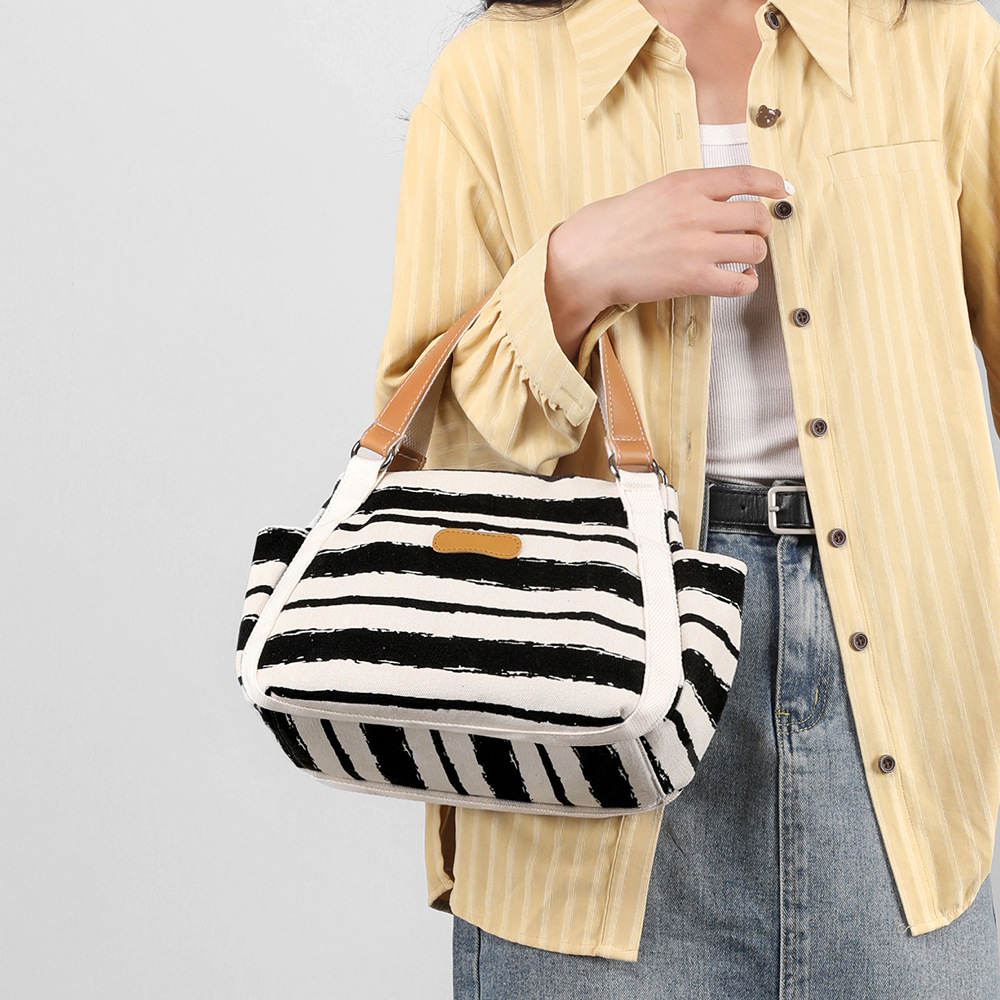 Canvas Schultertasche für Damen ⎜ Große Tasche mit Streifen und viel Stauraum für Alltag und Reise