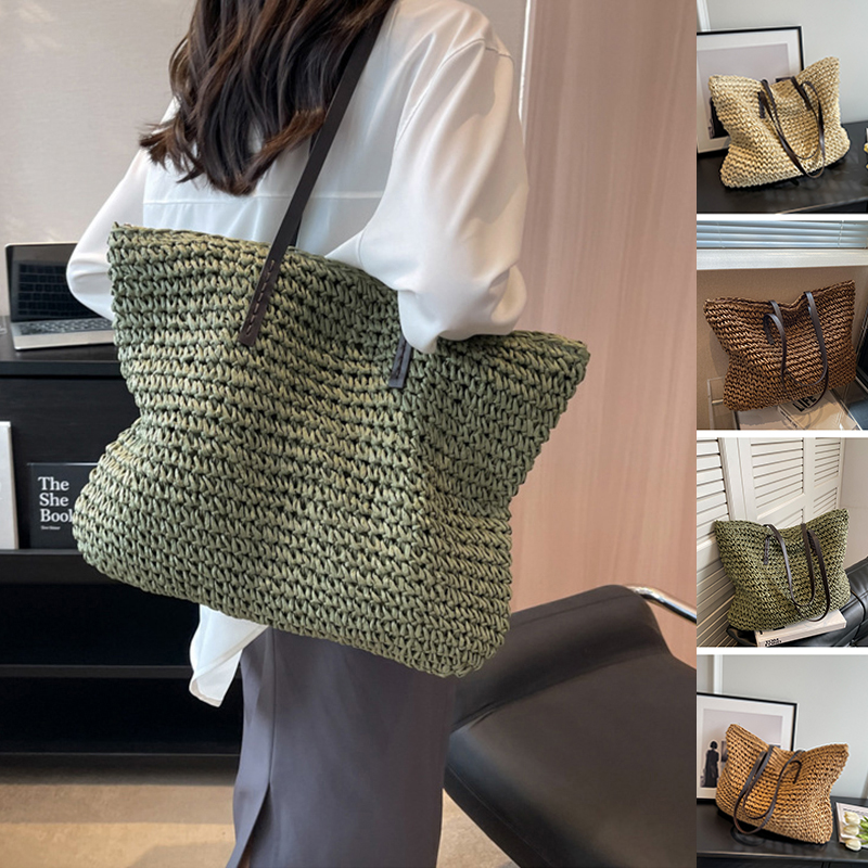 Strandtasche für Damen ⎜ Geflochtene Schultertasche mit Reißverschluss und großer Kapazität für Sommer und Freizeit