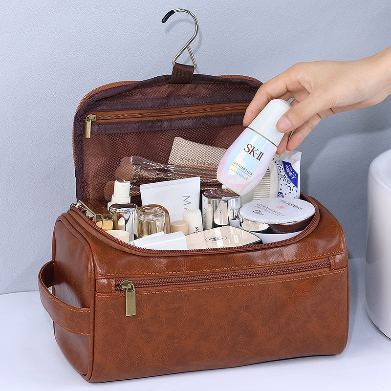 Kosmetiktasche mit Griff ⎜ Geräumige Kulturtasche aus Leder für Reisen, Bad und Make-up-Aufbewahrung