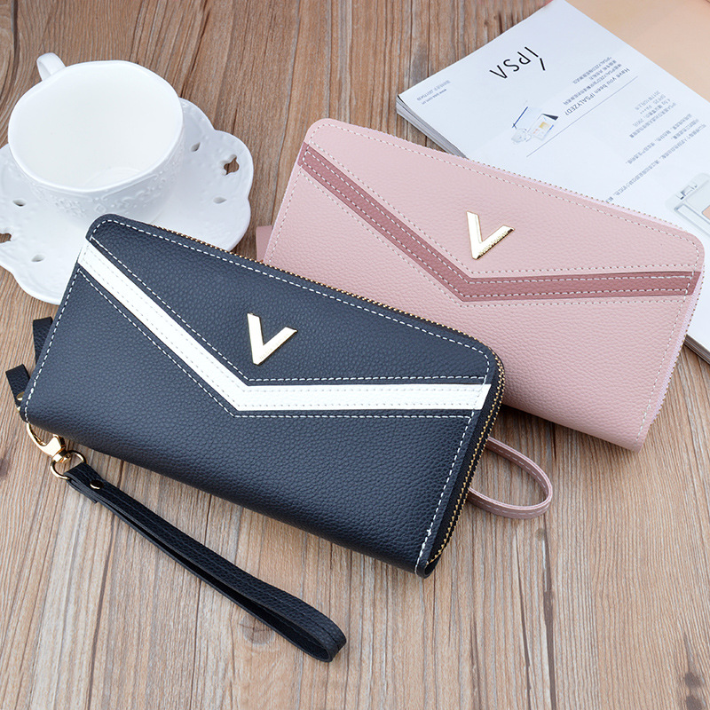 Damen Geldbörse mit Doppelreißverschluss ⎜ Lange Clutch mit Handriemen und modernem Design