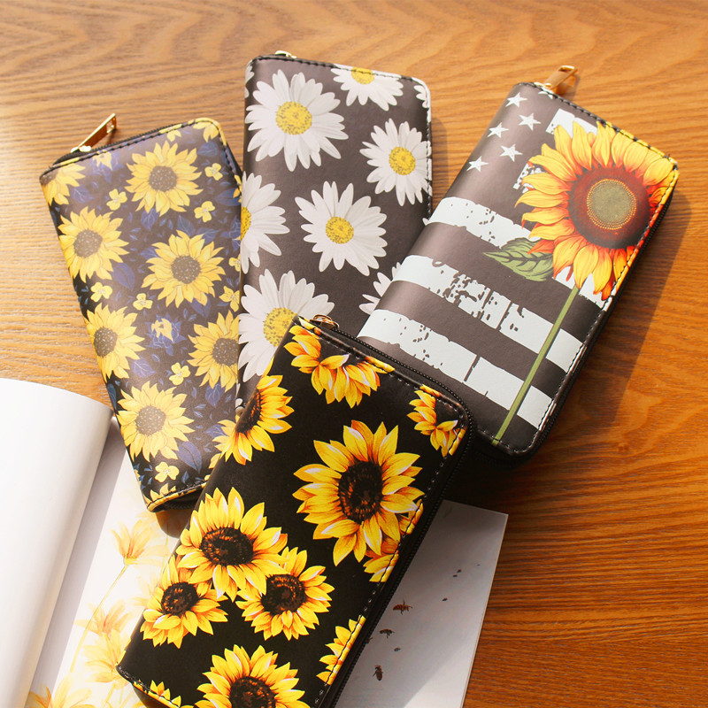 Damen Geldbörse mit Sonnenblumenmuster ⎜ Schlankes Portemonnaie mit Reißverschluss und viel Stauraum