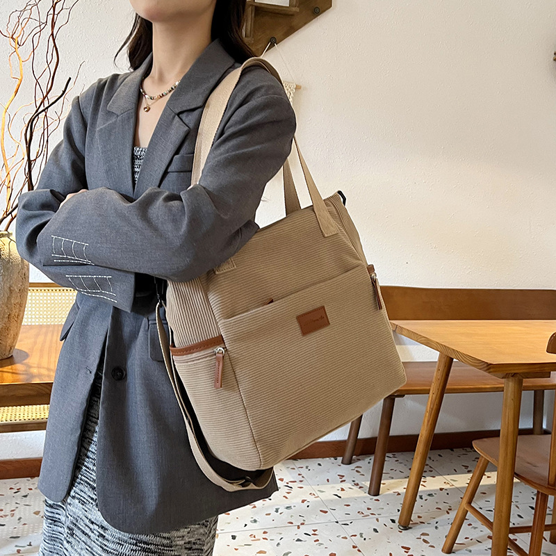 Beige Tote Bag für Damen ⎜ Robuste Cord-Tasche mit Leder-Details und Verstellbarem Schulterriemen