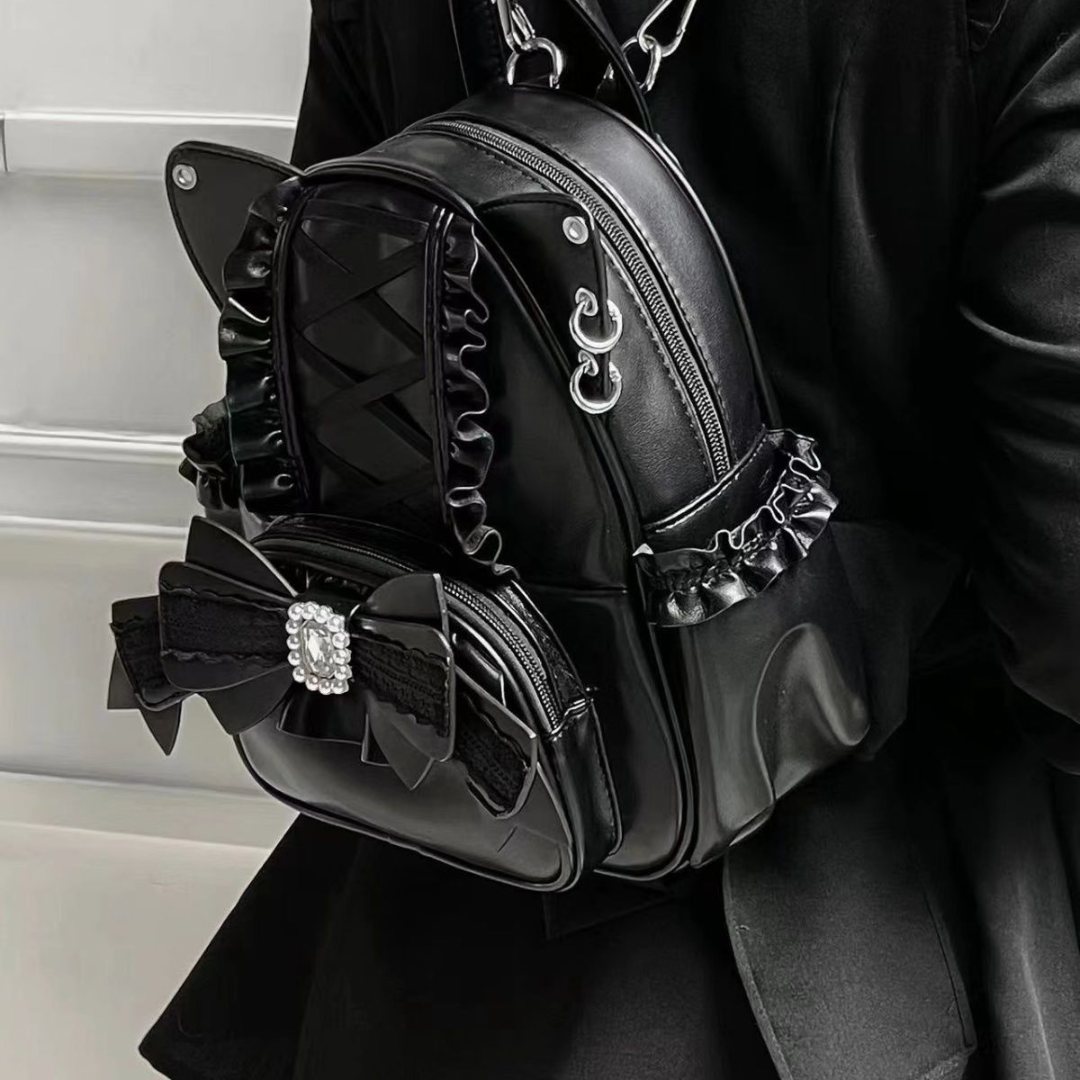 Damen Rucksack mit Katzenohren ⎜ Niedliches Design mit Spitze und viel Stauraum für Schule und Freizeit