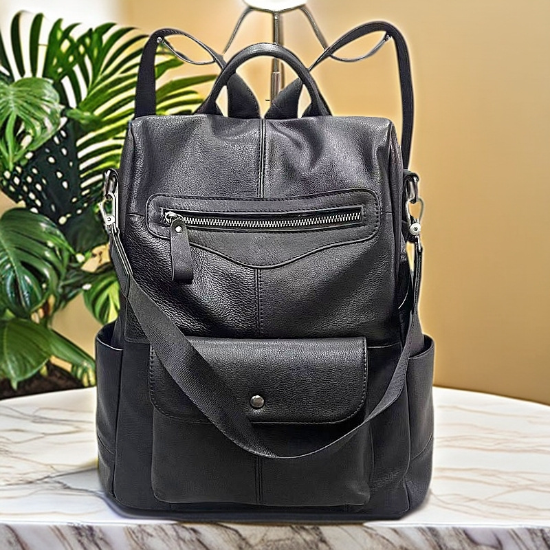 Damen Rucksack ⎜ Modischer Leder-Rucksack mit Fronttasche und Verstellbaren Schulterriemen