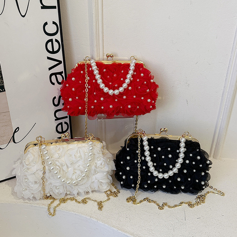 Abendtasche für Damen ⎜ Elegante Blumen-Design mit Perlenkette und praktischer Schulterkette