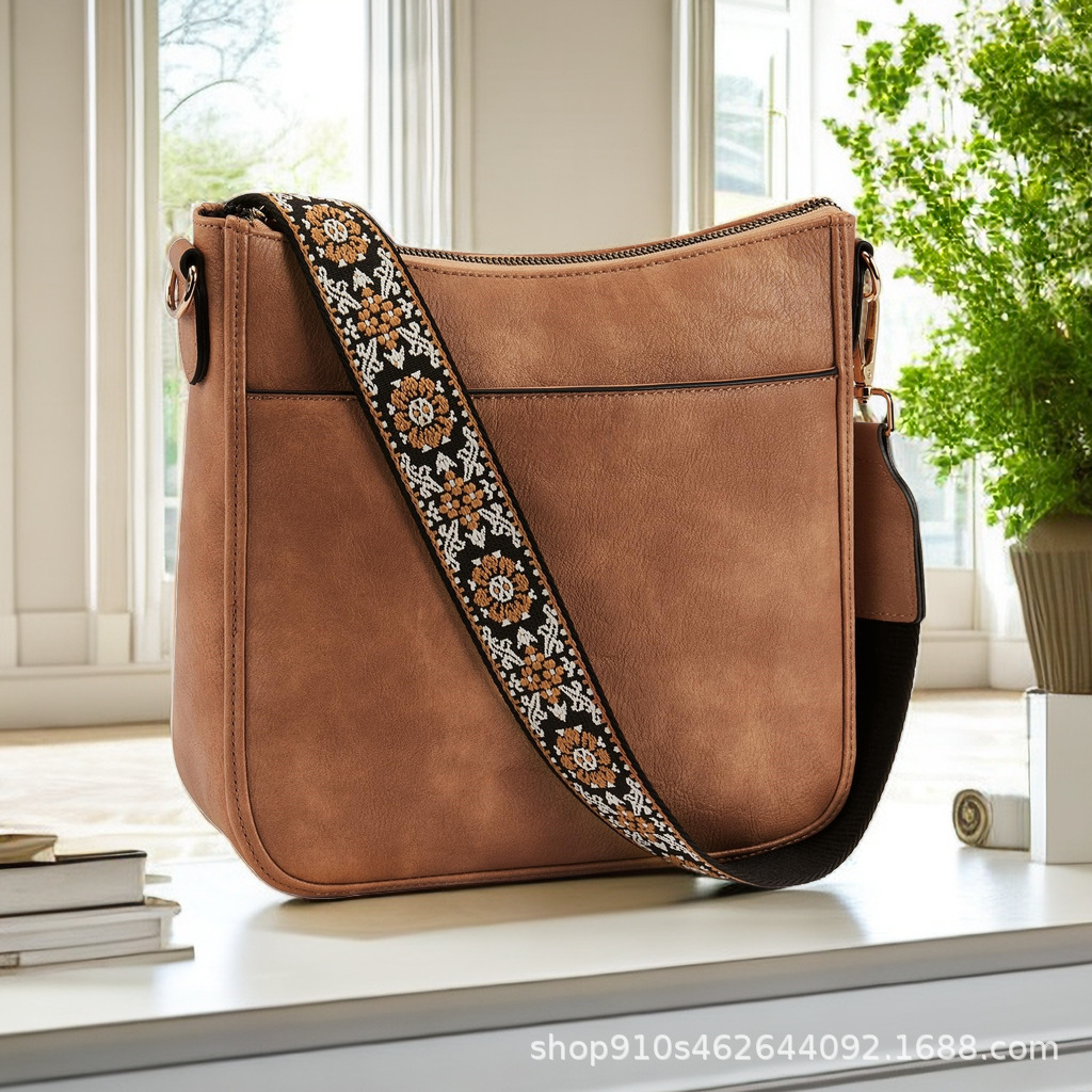 Damen Umhängetasche im Retro-Look ⎜ Schlichte Schultertasche mit gemustertem Gurt und großem Hauptfach
