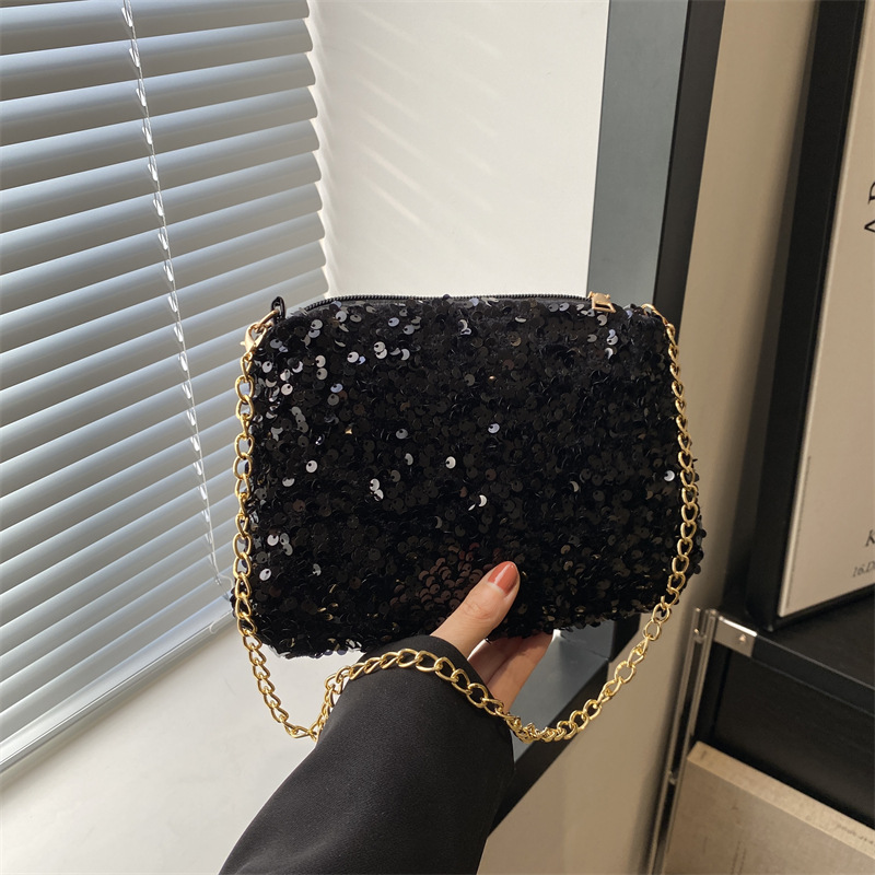 Abendtasche für Damen ⎜ Glänzende Schultertasche mit Pailletten und goldener Kette für stilvolle Anlässe