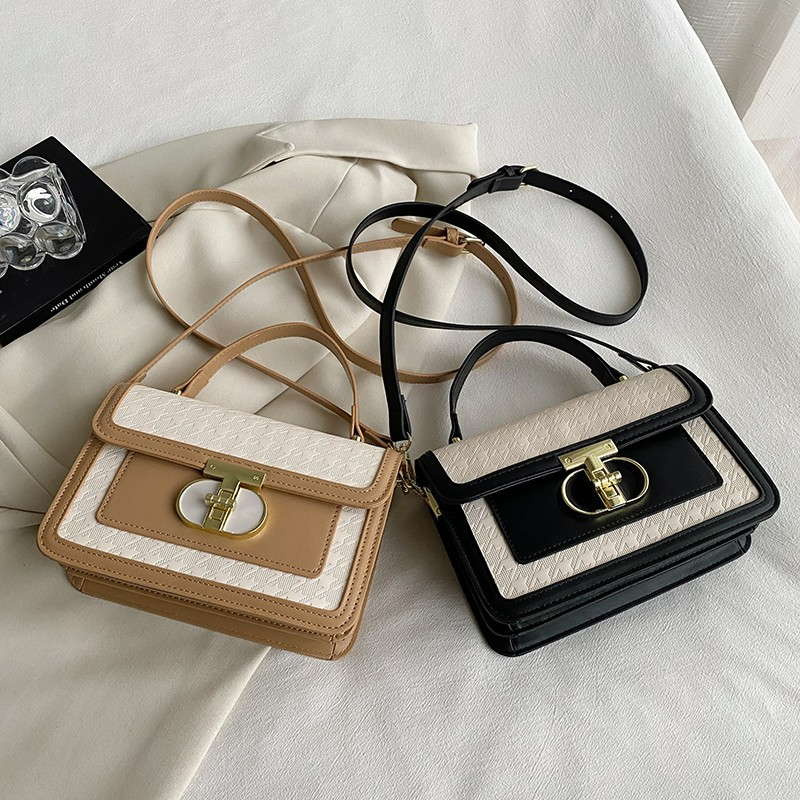 Umhängetasche für Damen ⎜ Kleine Schultertasche in Kastenform mit Drehverschluss und elegantem Zweifarbdesign