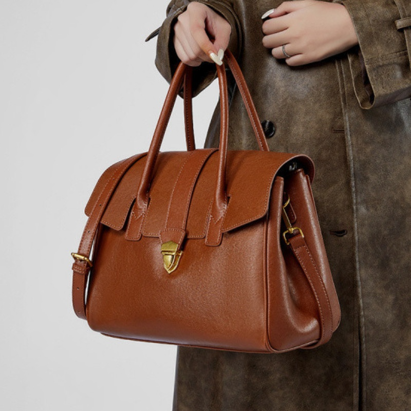 Leder Aktentasche für Damen ⎜ Geräumige Tragetasche im Retro-Stil mit Schultergurt für Alltag und Büro