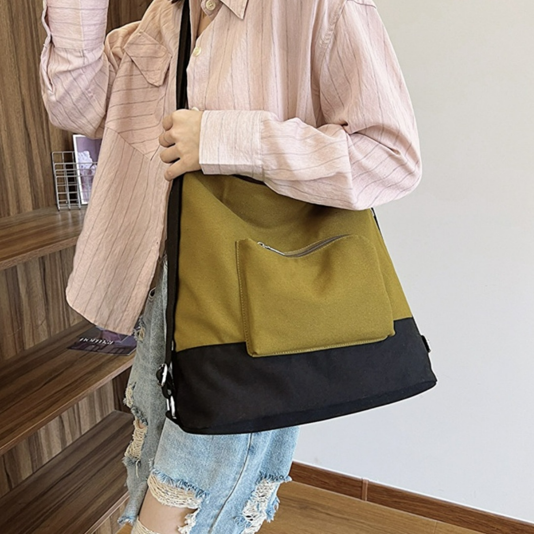 Umhängetasche für Damen ⎜ Leichte Canvas-Schultertasche im Zweiton-Design mit Fronttasche für Reisen und Alltag