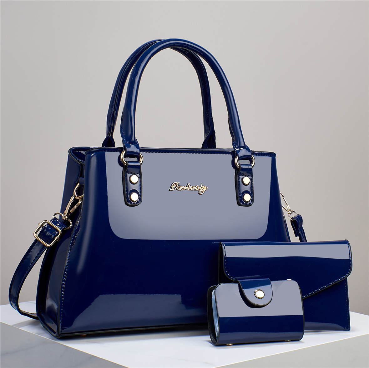Handtasche mit Umhängegurt ⎜ Elegantes Set für Damen mit Glänzender Oberfläche und Passender Geldbörse
