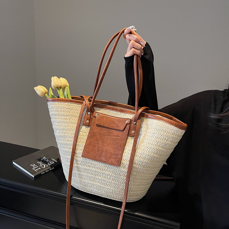 Strohtasche für Damen ⎜ Sommerlicher Shopper mit Frontfach für Strand und Alltag