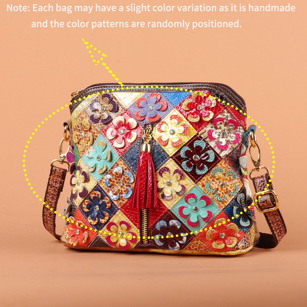 Damen Umhängetasche Aus Echtleder ⎜ Bunte Tasche Mit Blumen Und Fransen Für Alltag