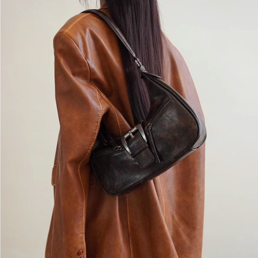 Retro Damen Schultertasche ⎜ Stylische Underarm-Tasche in Halbmond-Form aus Kunstleder