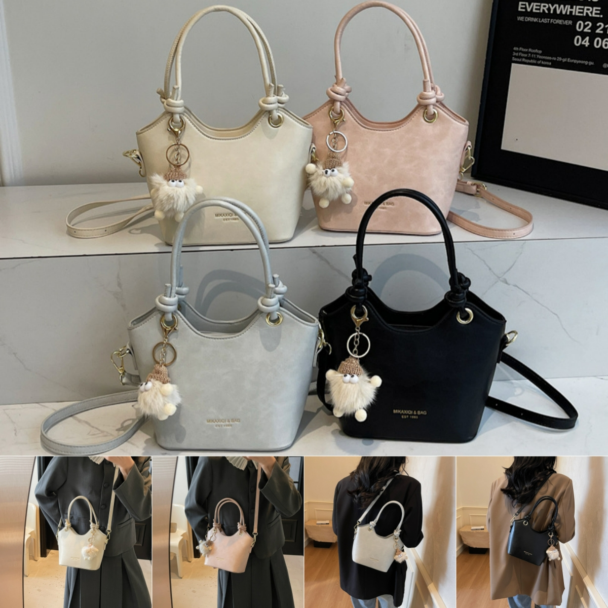 Damen Umhängetasche ⎜ Kompakte PU-Schultertasche mit Reißverschluss und süßem Anhänger für den Alltag