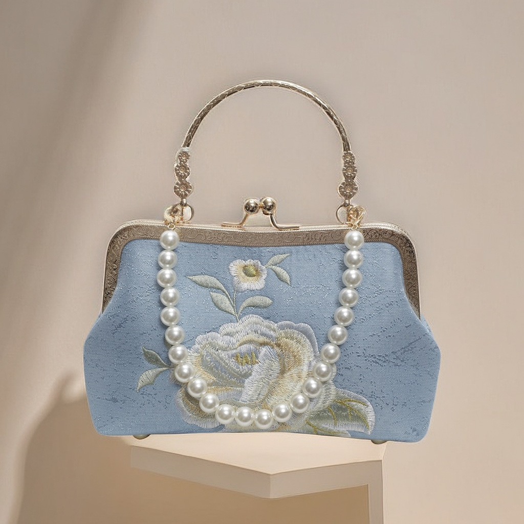 Stickerei Handtasche im Chinesischen Stil ⎜ Elegante Clutch mit Perlenhenkel und Traditionellem Blumenmuster