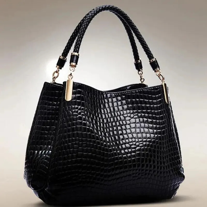 Handtasche für Damen ⎜ Große Schultertasche mit Krokoprägung und glänzender Oberfläche für Büro und Shopping