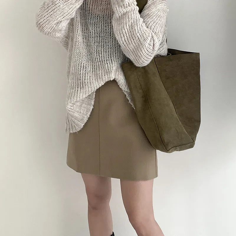 Schultertasche für Damen ⎜ Große Vintage-Tote aus Wildlederoptik mit weichem Griff für Herbst und Winter