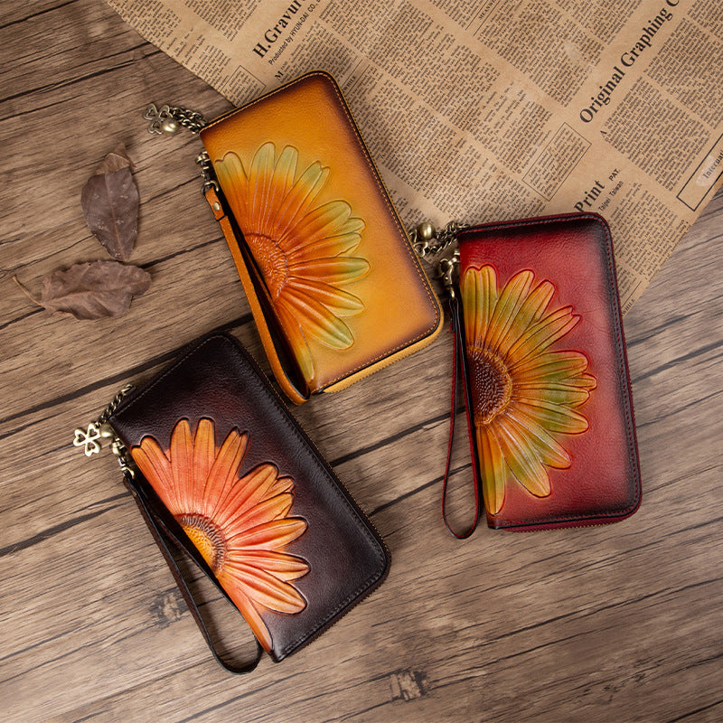 Damen Leder-Geldbörse ⎜ Lange Brieftasche mit geprägter Sonnenblume und Handgelenkband