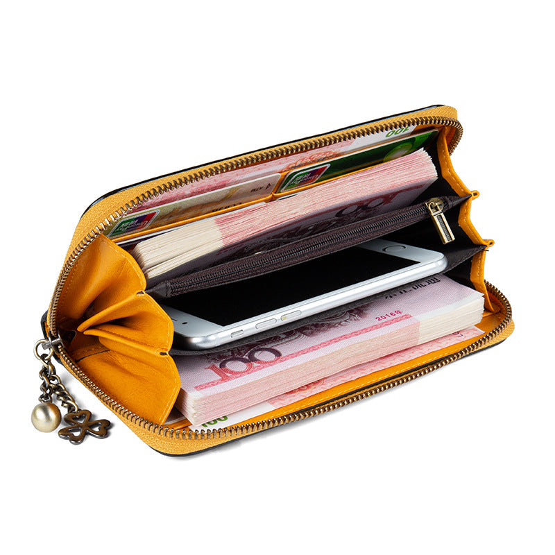 Damen Leder-Geldbörse ⎜ Lange Brieftasche mit geprägter Sonnenblume und Handgelenkband