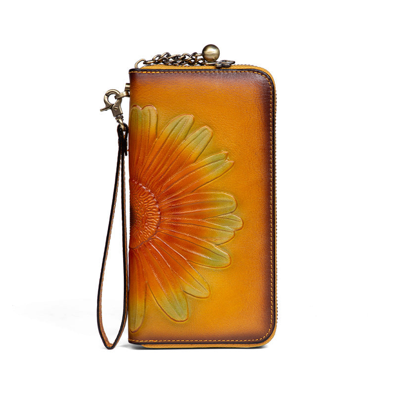 Damen Leder-Geldbörse ⎜ Lange Brieftasche mit geprägter Sonnenblume und Handgelenkband