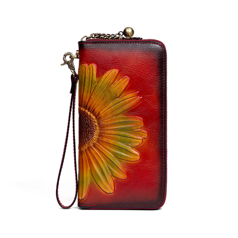Damen Leder-Geldbörse ⎜ Lange Brieftasche mit geprägter Sonnenblume und Handgelenkband