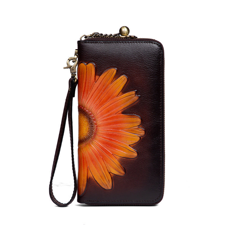 Damen Leder-Geldbörse ⎜ Lange Brieftasche mit geprägter Sonnenblume und Handgelenkband