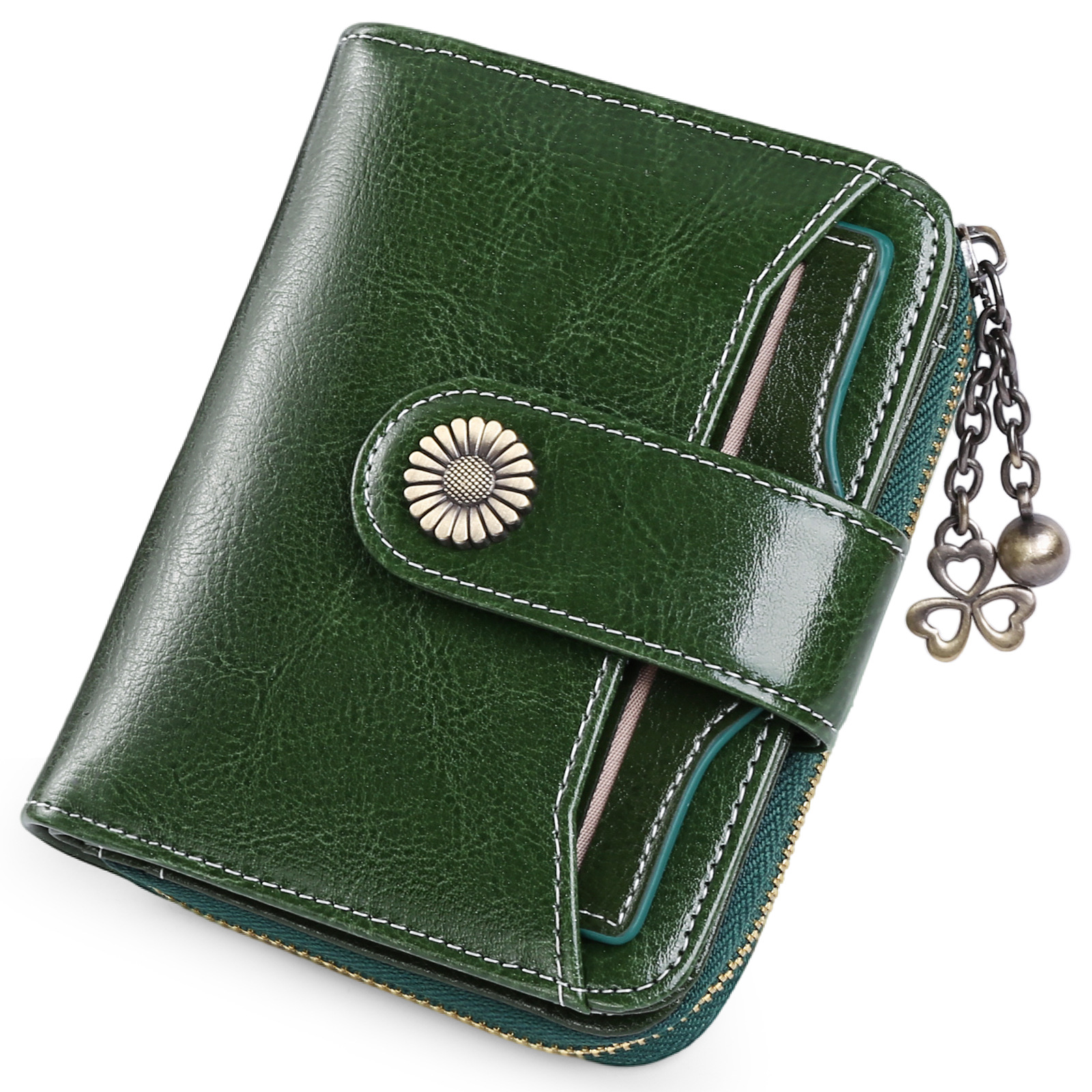 Damen Geldbörse aus Echtleder ⎜ Klassisches Design mit Druckknopf, Kartenfächern und Reißverschlussfach