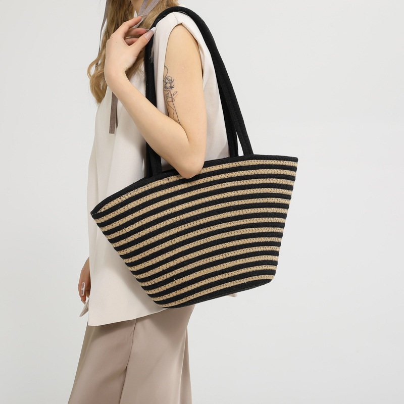 Stroh-Handtasche im Frühlings-Design ⎜ Große Kapazität mit Modernem Kontrastfarben-Look