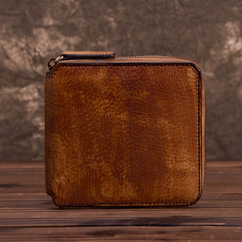 Herren Geldbörse aus Rindsleder ⎜ Kompakte Brieftasche im Vintage-Look mit Reißverschluss und edler Farbstruktur