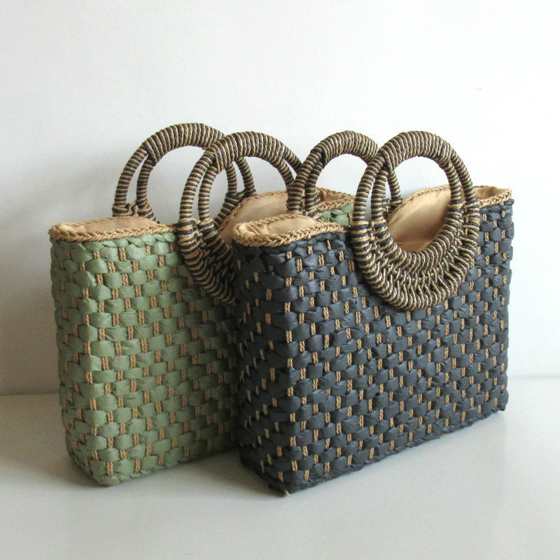 Strohtasche mit Rundgriffen ⎜ Kleine Handtasche für Sommer, Picknick oder Strand mit kompaktem Design
