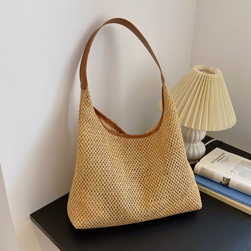 Strandtasche für Damen ⎜ Leichte Tragetasche aus Stroh im Retro-Stil für Sommer, Urlaub und Alltag