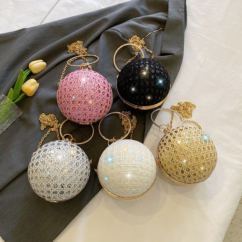 Abendtasche für Damen ⎜ Runde Umhängetasche mit Glitzersteinen und Kette für Partys und festliche Anlässe