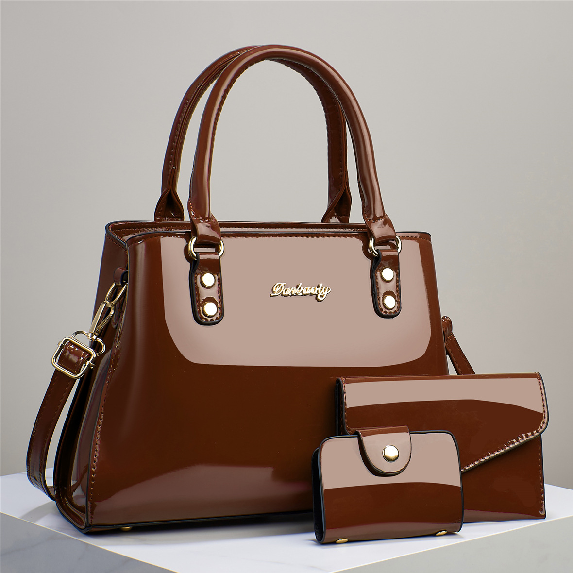 Handtasche mit Umhängegurt ⎜ Elegantes Set für Damen mit Glänzender Oberfläche und Passender Geldbörse