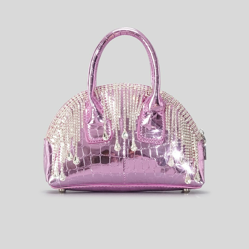 Handtasche für Damen ⎜ Glänzende Umhängetasche mit Strassketten und strukturierter Oberfläche für Partys