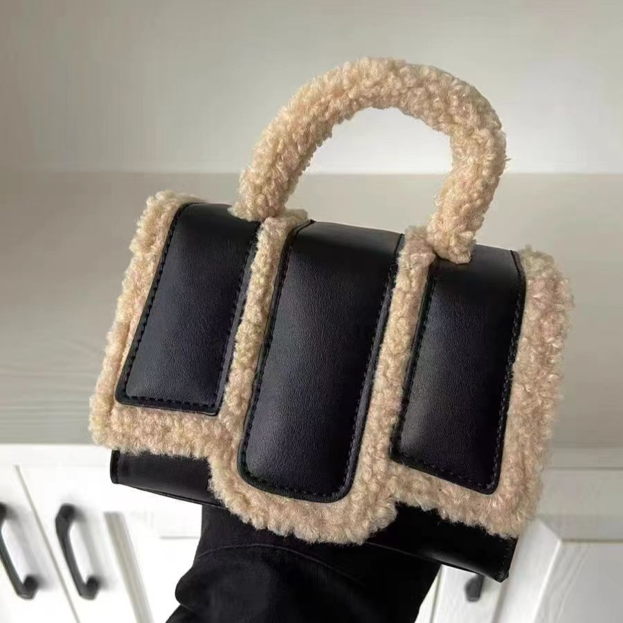Damen Umhängetasche ⎜ Modische Handtasche mit Lammwolle für Herbst und Winter