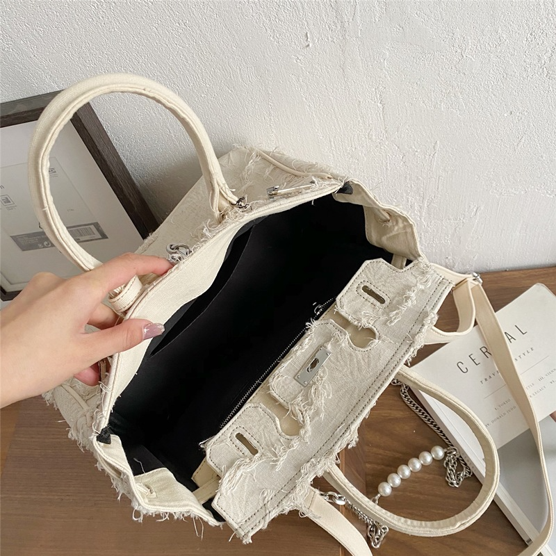 Handtasche aus Canvas für Damen ⎜ Vintage Umhängetasche mit Fransen und Doppelgriffen für stilvolle Auftritte