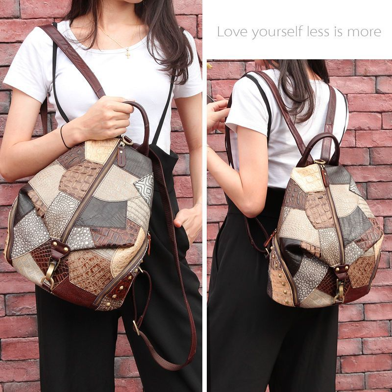 Damen Rucksack aus Patchwork-Leder ⎜ Geräumiger Vintage-Rucksack mit Reißverschluss und Tragegriffen